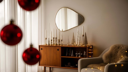 Festive showing festive indoor sideboard with white candles gold holders and christmas baubles....