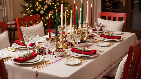 Festive showing festive christmas dinner table setting with red green and gold decorations....