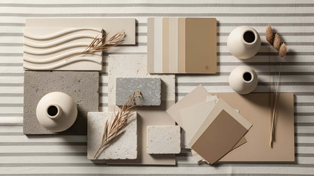 Flat showing flat lay of neutral toned texture samples and ceramic decor. resolution use. Clear...