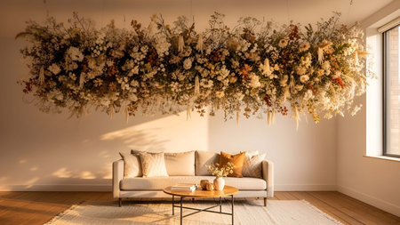 Hanging showing hanging dried flower installation above beige sofa in sunlit living room. resolution use. Clear details and vibrant colors enhance visual appeal. Hanging, dried, flower.の写真素材