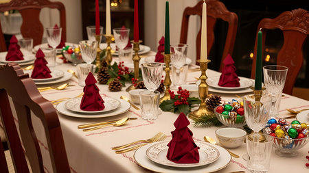 Festive showing festive holiday dinner table setting with red napkin christmas trees and gold candlesticks. resolution use. Clear details and vibrant colors enhance visual appeal. Festive, holiday, dinner.の写真素材