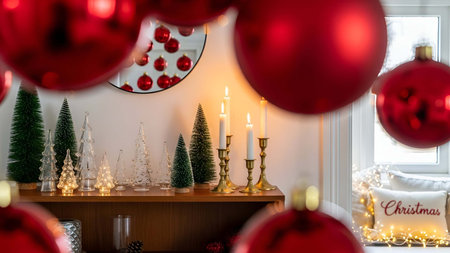 Christmas showing festive christmas decoration with red baubles green trees and lit candles on shelf. resolution use. Clear details and vibrant colors enhance visual appeal. christmas, holiday, decoration.の写真素材