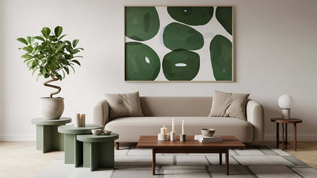 Light showing light beige living room with green abstract wall and round side tables. resolution use. Clear details and vibrant colors enhance visual appeal. Light, beige, living.の写真素材
