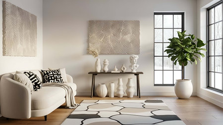 Light showing light beige living room with white sofa abstract wall and potted fiddle leaf fig....