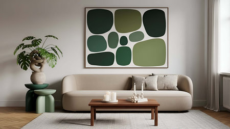 Living room showing light beige living room with green abstract wall and potted monstera plant....