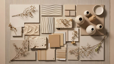 Neutral showing neutral beige texture and sample display with ceramic vases and dried branches....
