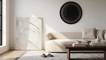 Minimalist showing minimalist living room with beige sofa black circular wall and marble painting. resolution use. Clear details and vibrant colors enhance visual appeal. Minimalist, living, room.の写真素材