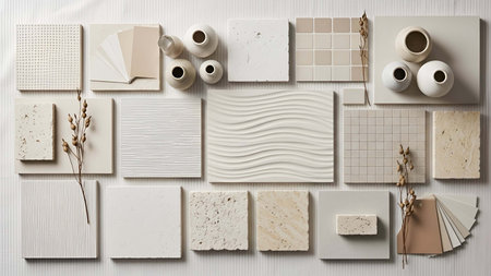 Neutral showing neutral toned and texture sample collection with ceramic vases. resolution use. Clear details and vibrant colors enhance visual appeal. Neutral, toned, texture.の写真素材