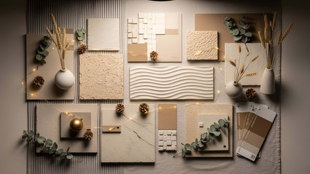 Neutral showing neutral toned sample board with textures plants and decor. resolution use. Clear details and vibrant colors enhance visual appeal. Neutral, toned, sample. various and creative applications.の写真素材