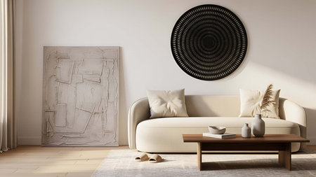 Living room showing neutral toned living room with textured abstract and circular wall decor. Clear details and vibrant colors enhance visual appeal.の写真素材