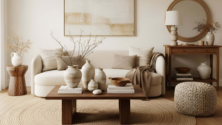 Neutral showing neutral toned living room with curved sofa vases and woven decor. resolution use....