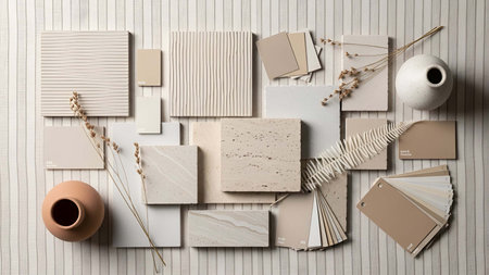 Neutral showing neutral color palette samples with textured tiles and paint swatches. resolution use. Clear details and vibrant colors enhance visual appeal. Neutral, color, palette.の写真素材