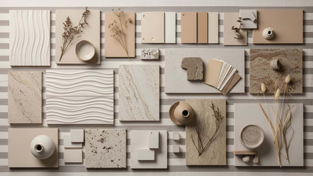 Neutral color palette showing neutral color palette sample board with textures and decor. resolution use. Clear details and vibrant colors enhance visual appeal. neutral color palette, samples, texture board.の写真素材