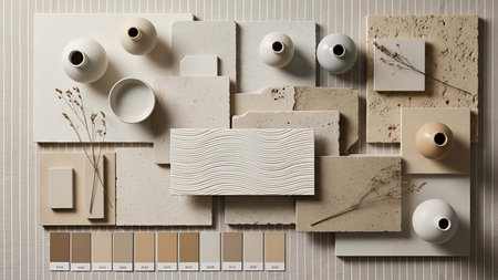 Neutral showing neutral color palette with ceramic vases dried plants and textured tiles. resolution...