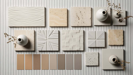 Textured showing textured neutral colored samples with small decorative vases. resolution use. Clear details and vibrant colors enhance visual appeal. Textured, neutral, colored.の写真素材