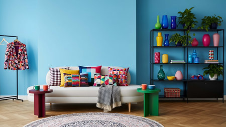 Bright showing bright blue living room with white sofa colorful pillows and decorative shelf. resolution use. Clear details and vibrant colors enhance visual appeal. Bright, blue, living.の写真素材