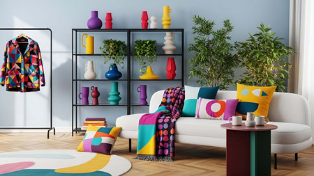 Living room showing colorful living room with geometric decor pastel vases and patterned textiles....