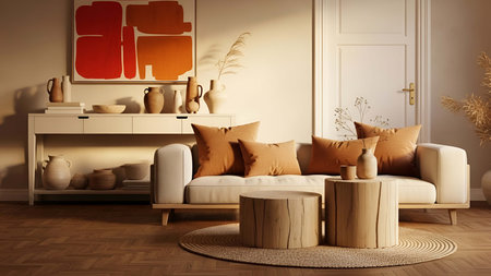 Living room showing cozy beige living room with light wood sofa orange cushions and rustic decor....