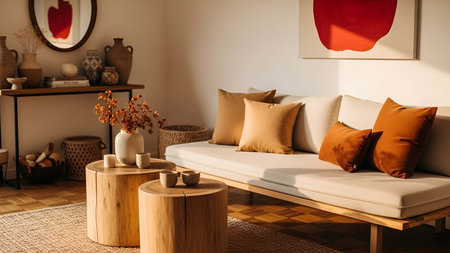Cozy showing cozy beige living room with rust colored cushions and wooden stools. resolution use. Clear details and vibrant colors enhance visual appeal. Cozy, beige, living.の写真素材