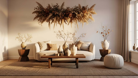 Cozy showing cozy beige living room with dried floral wall hanging and neutral decor. resolution...