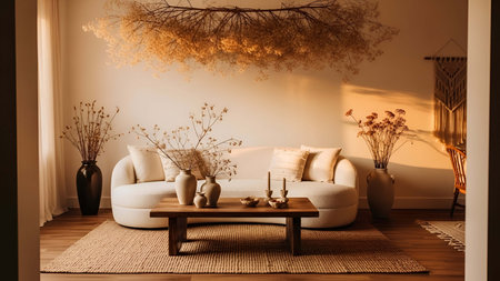 Cozy showing cozy beige living room with curved sofa dried flowers and wooden coffee table. resolution use. Clear details and vibrant colors enhance visual appeal. Cozy, beige, living.の写真素材