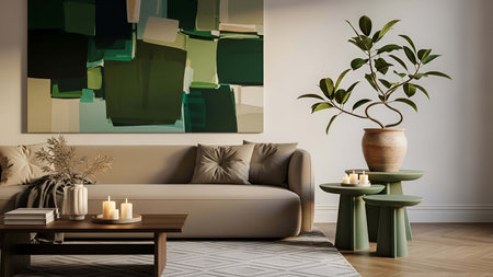 Cozy showing cozy beige living room with green abstract and potted rubber plant. resolution use....