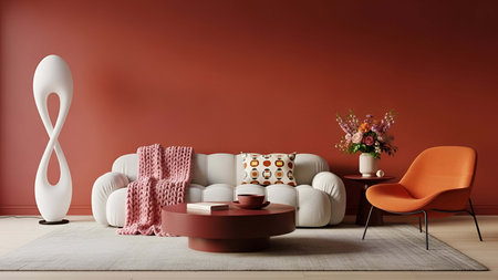 Cozy living room with white modular sofa red wall and orange chair. Clear details and vibrant colors enhance visual appeal.の写真素材