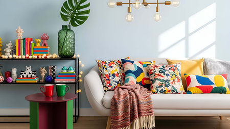 Cozy living room with colorful throw pillows bookshelf and green vase. Clear details and vibrant colors enhance visual appeal.の写真素材