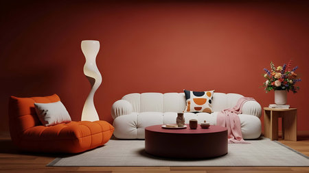 Cozy showing cozy living room with white curved sofa red wall and orange bean bag chair. resolution...