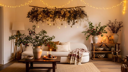Cozy showing cozy living room with holiday greenery and warm candlelight decor. resolution use. Clear details and vibrant colors enhance visual appeal. Cozy, living, room.の写真素材