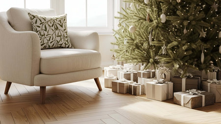 Christmas tree showing cozy living room with decorated christmas tree and wrapped gifts on floor 2. resolution use. Clear details and vibrant colors enhance visual appeal. Christmas tree, holiday decorations, wrapped gifts.の写真素材