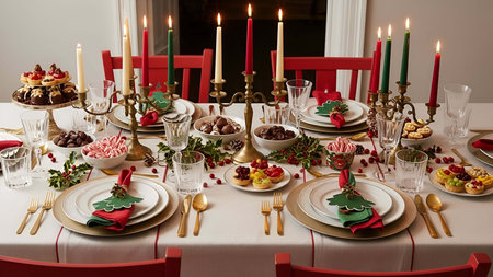 Festive showing festive christmas dinner table setting with candlesticks candy canes and holiday...