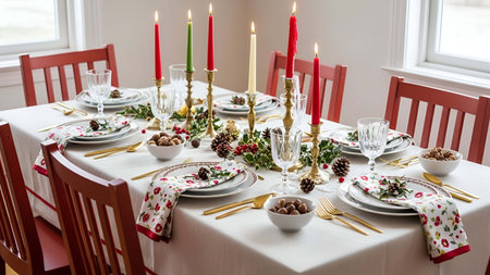 Holiday table setting showing festive holiday table setting with red and green candles pinecones and...