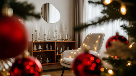 Christmas decorations showing cozy christmas living room with white armchair red baubles and tree decorations. resolution use. Clear details and vibrant colors enhance visual appeal. christmas decorations, holiday interior, red baubles.の写真素材
