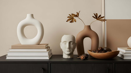 Minimalist showing minimalist beige and brown decorative vases and bust on black sideboard. resolution use. Clear details and vibrant colors enhance visual appeal. Minimalist, beige, brown.の写真素材