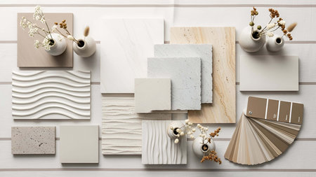 Neutral showing neutral color palette samples with small vases and paint swatches. resolution use....