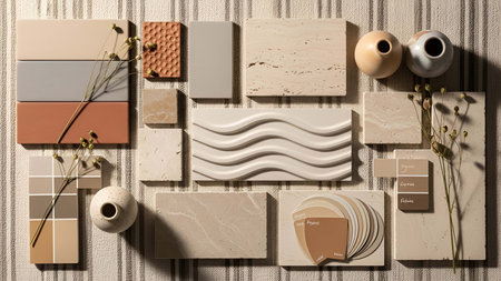Neutral showing neutral and earthy color samples with ceramic vases and dried plants. resolution...
