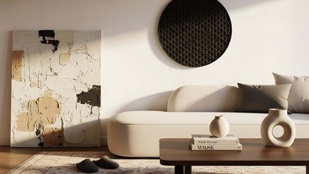 Neutral showing neutral toned living room interior with abstract wall and round decor. resolution...