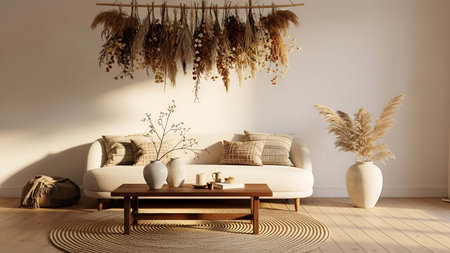 Neutral showing neutral toned living room with beige sofa dried plants and woven decor. resolution...