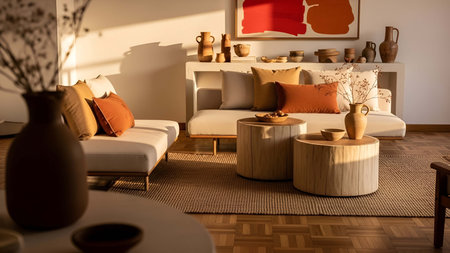 Warm showing warm neutral living room with wooden stools and earthenware decor. resolution use. Clear details and vibrant colors enhance visual appeal. Warm, neutral, living.の写真素材