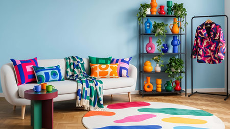 Colorful showing colorful living room interior with white sofa pastel decor and geometric patterns. resolution use. Clear details and vibrant colors enhance visual appeal. Colorful, living, room.の写真素材