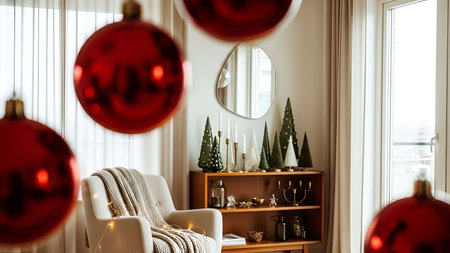 Indoor showing cozy living room with christmas decorations red baubles and green trees. resolution...
