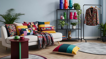 Cozy showing cozy living room with colorful geometric cushions and decorative shelves. resolution...