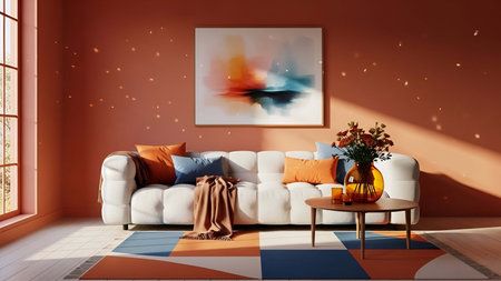 Living room showing cozy living room with white sofa orange wall and geometric rug. resolution use....