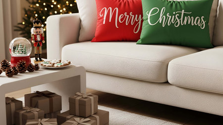 Cozy showing cozy white sofa with merry christmas pillows and holiday decorations 2. resolution use....