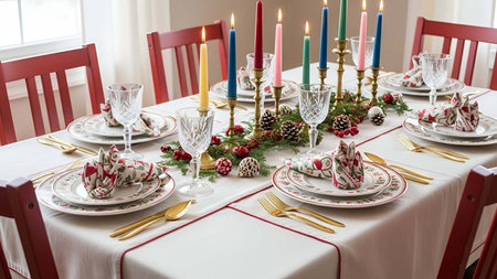 Festive showing festive christmas table setting with colorful candles gold cutlery and pine...
