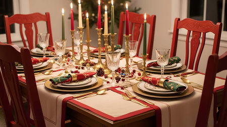 Festive showing festive holiday dinner table setting with red and gold decorations and candles 1....
