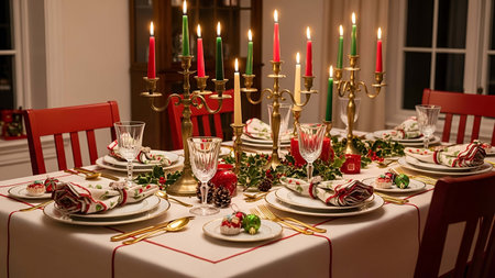 Festive showing festive holiday dinner table setting with red green and gold decorations. resolution...
