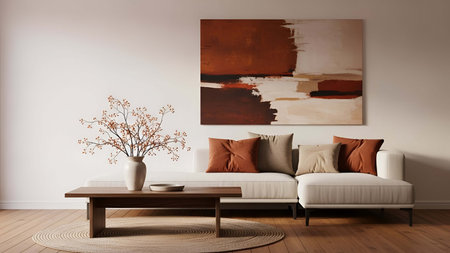 Living room showing light beige living room with brown and white abstract wall and sectional sofa....