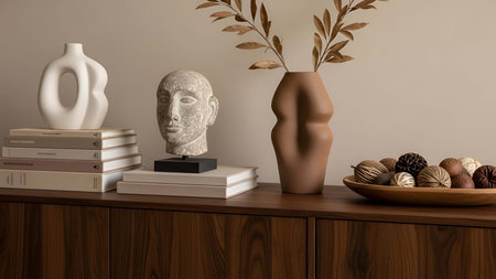 Wooden sideboard showing wooden sideboard with beige and white decorative vases books and dried leaves. Clear details and vibrant colors enhance visual appeal.の写真素材